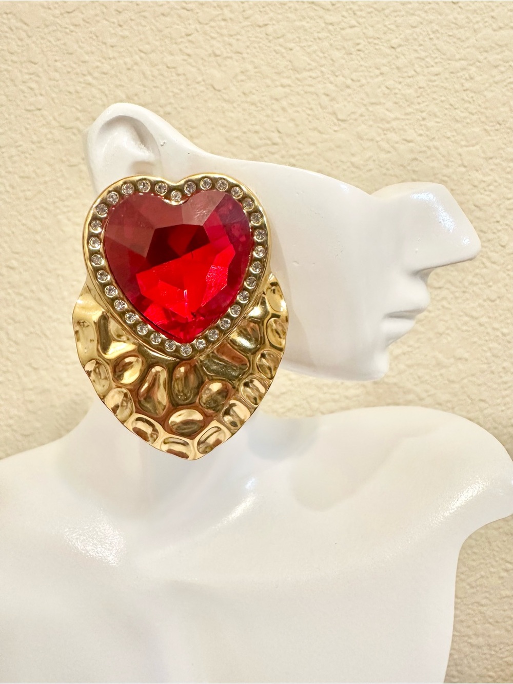 Chunky Gold Plated Red Crystal Heart Earrings
